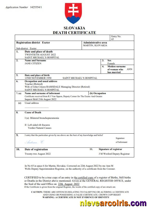 Slovakia death certificate